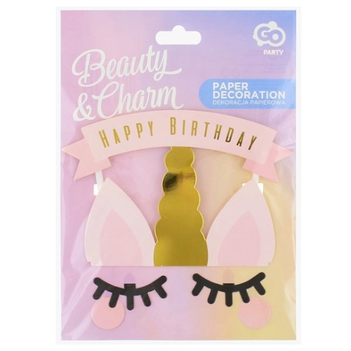 Topper ozdoby na tort jednorożec uszy oczy napis Happy Birthday dekoracje urodzinowe unicorn